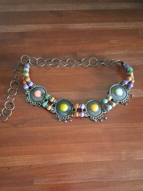Boho Hippie Gypsy Chunky Metal Brass Multicolor Stone Wood Beaded Statement Belt